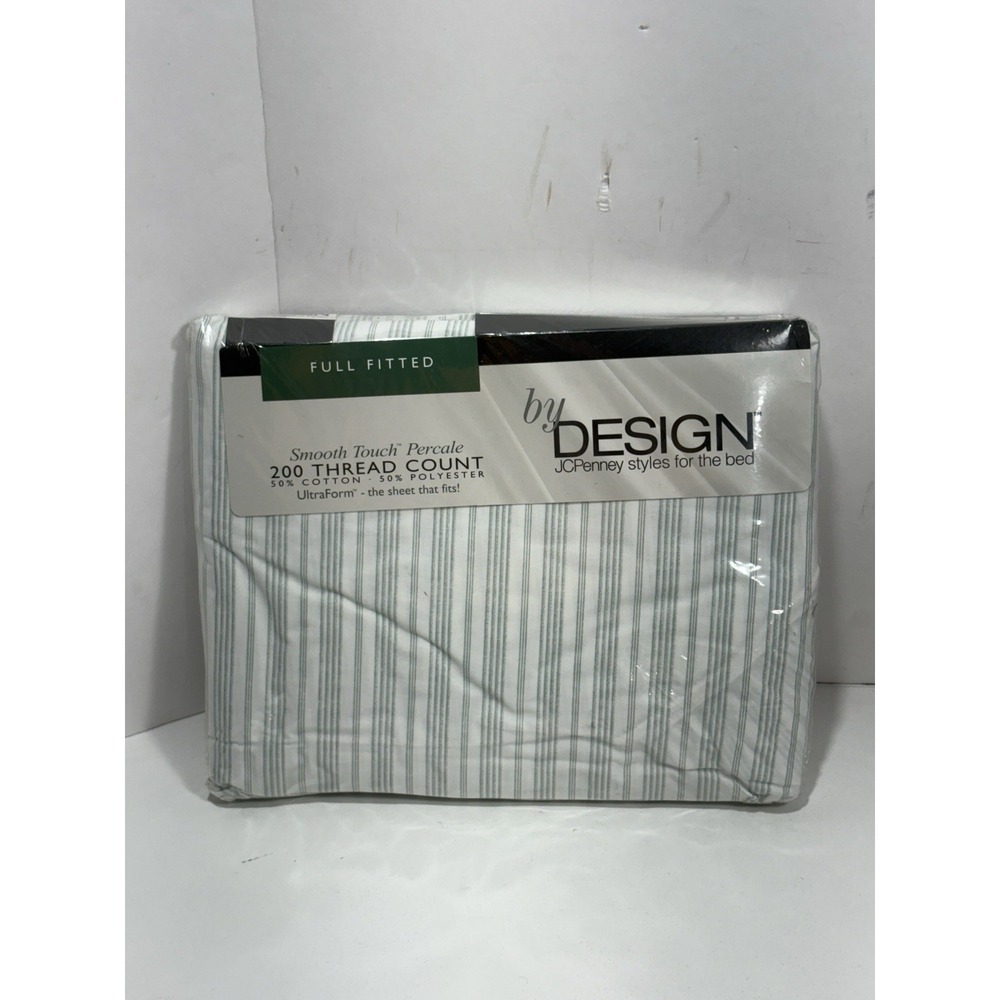 J.C. Penney By Design Full Fitted Sheet Smooth Touch Percale Green White Stripe